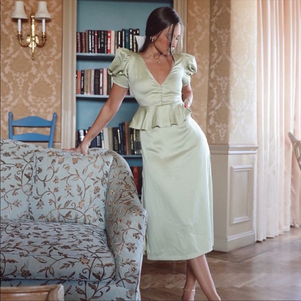 Weworewhat Dresses-Danielle Bernstein Puff Sleeve Dot Vintage Dress-Color: Green